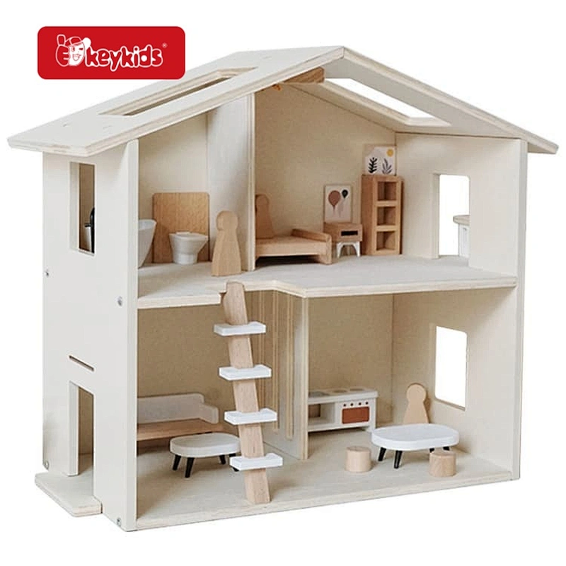 2026 New Modern Minimalist Wooden Dollhouse, 2-Story Open Play Doll House with Nordic Style Furniture Set for Kids W06A722